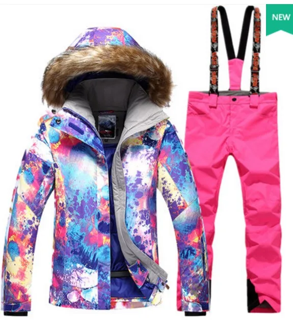 Женский фиолетовый лыжный костюм, женская одежда для катания на лыжах, сноуборде, верховой езды, фиолетовая Лыжная куртка и комбинезон, лыжные штаны на подтяжках, Комбинезоны