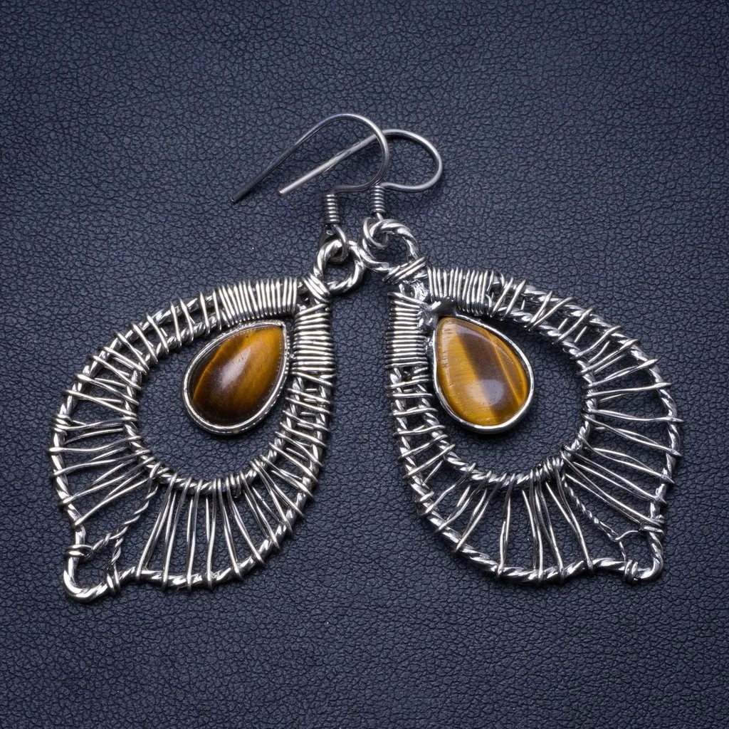 

Natural Tiger Eye Handmade Unique 925 Sterling Silver Earrings 2.25" X4925