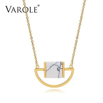 

VAROLE 18in Choker Necklaces for Women White Stone S.Steel Geometric Pendants Gold Color Chain Brand Jewelry Gift