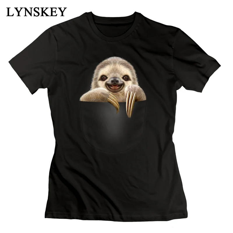 LYNSKEY T-Shirt Short Sleeve Funny Funky POCKET SLOTH O Neck 100% Cotton Student Summer Fall Tops Shirts Funny Clothing Shirt white