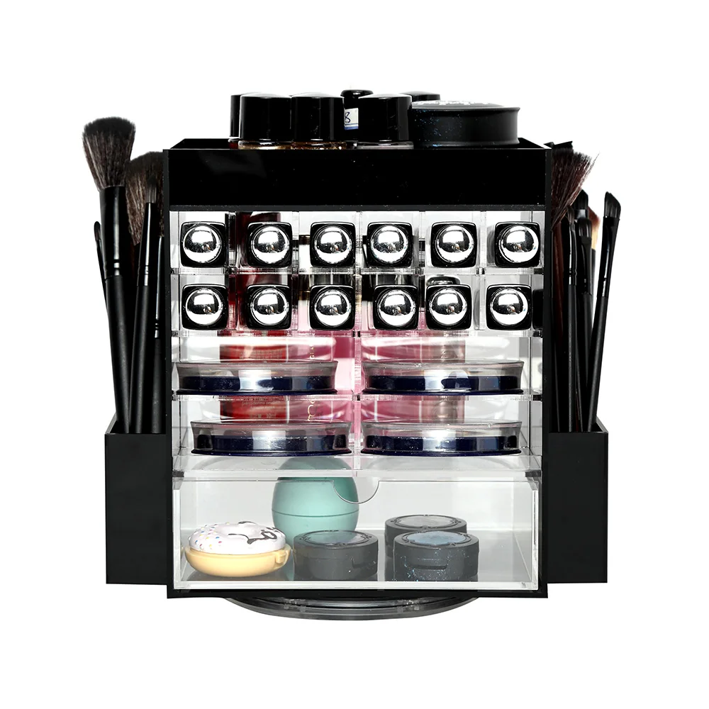

LUGUNU Black Acrylic Organizer for Cosmetics Multifunctional Conceal Lipstick Eyeshadow Brushes Storage Box with Various Grids