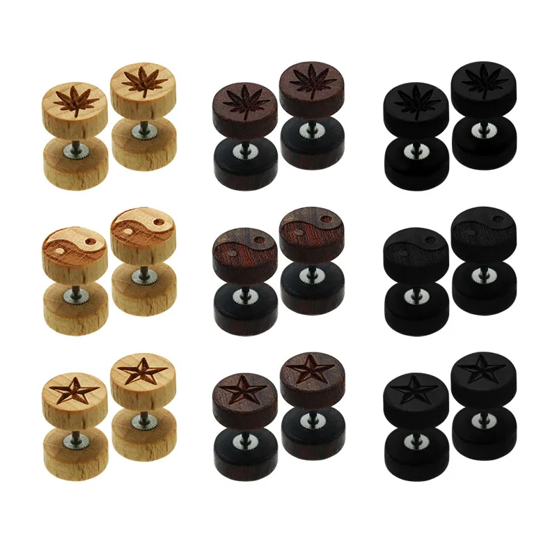 2Pcs Wood Ear Plugs Earrings Fake Ear Tunnels Cheater Expanders Brown Black 10mm Barbell Stud Earrings Body Piercing Jewelry New00