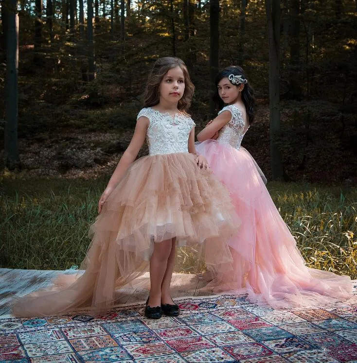 New Pink Flower Girls Dresses for Wedding High Low Pearls Beaded Lace Girls Birthday Pageant Gown Size 2-16Y New Pink Flower Girls Dresses for Wedding High Low Pearls Beaded Lace Girls Birthday Pageant Gown Size 2-16Y