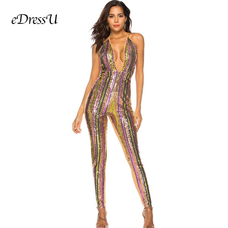 2019 Sequin Jumpsuits Sexy Deep V cut Backless Fitted Pantsuits Rompers Club Disco Party Red Carpet Wear eDressU OSH-18524 2019 Sequin Jumpsuits Sexy Deep V cut Backless Fitted Pantsuits Rompers Club Disco Party Red Carpet Wear eDressU OSH-18524