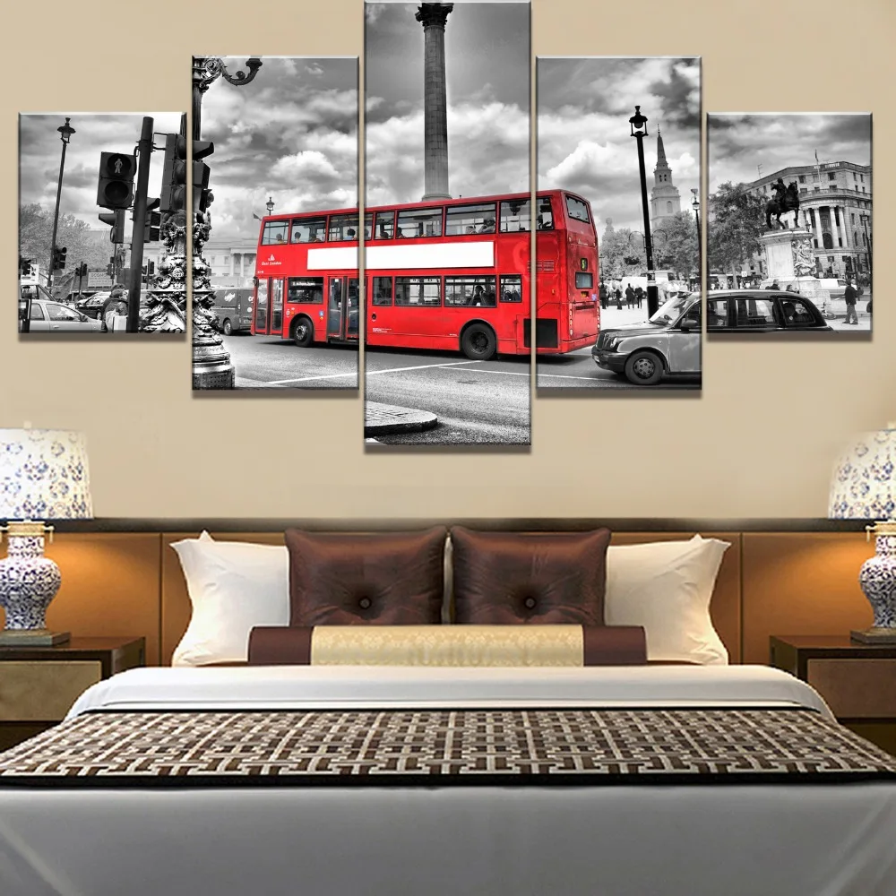 5 Piece Canvas Art London Red Bus Street Scene Modern Decorative