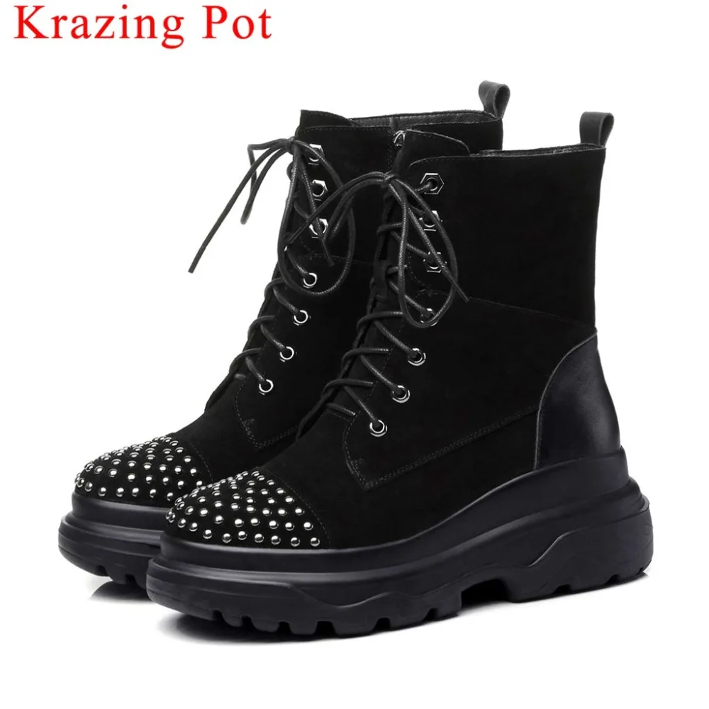 

2019 new cow suede round toe thick high bottom round toe zipper motorcycle boots waterproof winter warmful handsome boots L93