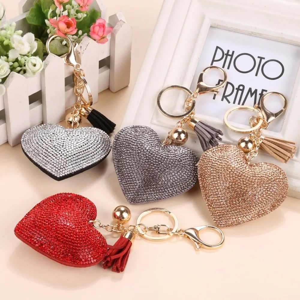 Details about / Leather Tassel Crystal Heart Pendant Mobile Handbag Key Chain Bag Accessorie