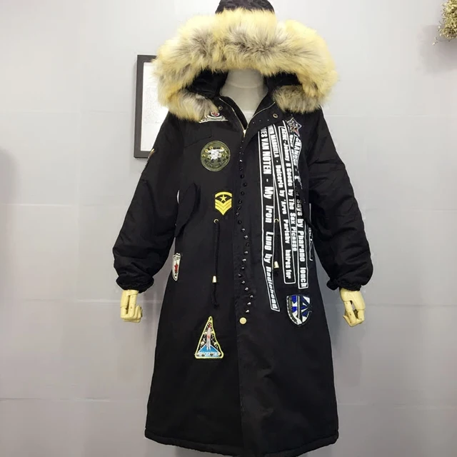 Cheap 2016 new winter Korean loose  rivet affixed cloth  long frock patch rivet letter print women parkas