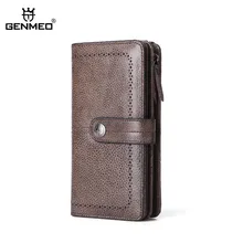 GENMEO New Genuine Leather Wallet Men Cow Leather Purse with Card Holder Long Clutch Bag with Zipper Coin Purse Bolsa Feminina hot sell new thick purse fashion women zipper wallet wristlet bag with serpentine genuine cow leather
