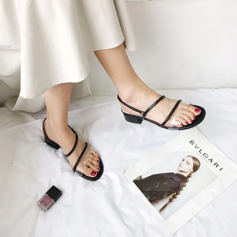 

2019 new black open toe word with thick heel shoes female fairy summer net red thin belt wild high heels