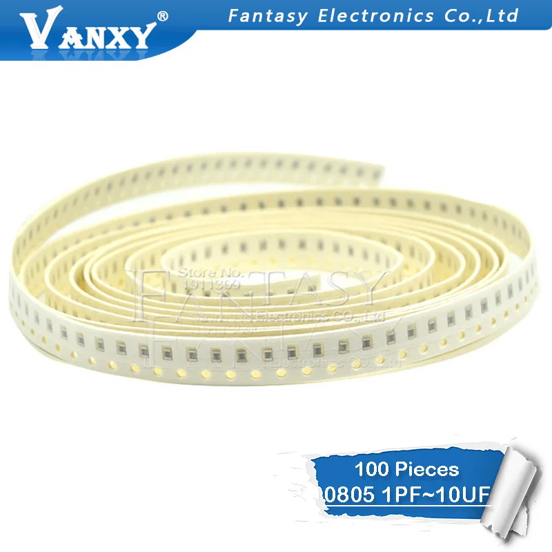 100 шт. 0805 smd конденсатор с алюминиевой крышкой Керамическая 1PF-10UF 20PF 220PF 330PF 680PF 4.7NF 22NF 33NF 10NF 220NF 1 мкФ 2,2 мкФ 4,7 мкФ 10 мкФ конденсаторы