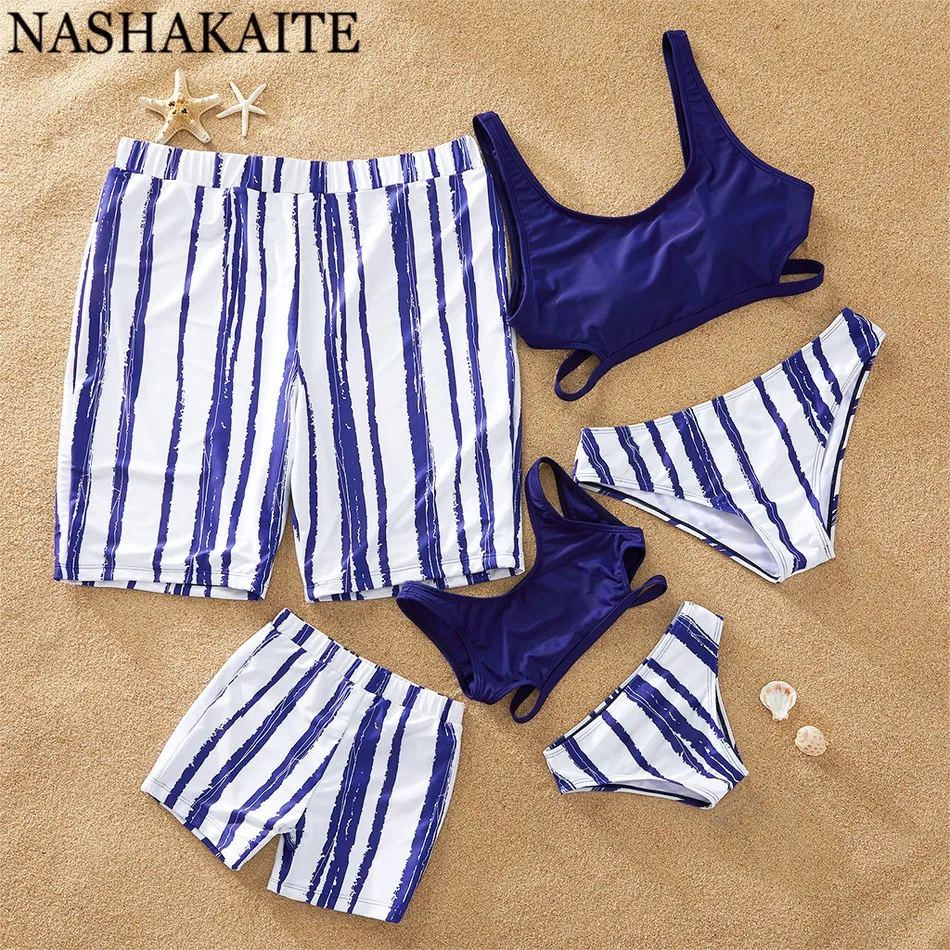 

NASHAKAITE Family Swimwear Navy Blue Striped Bikini Set Mother Daughter matching swimsuit Family Look Dad and Son Beach Shorts