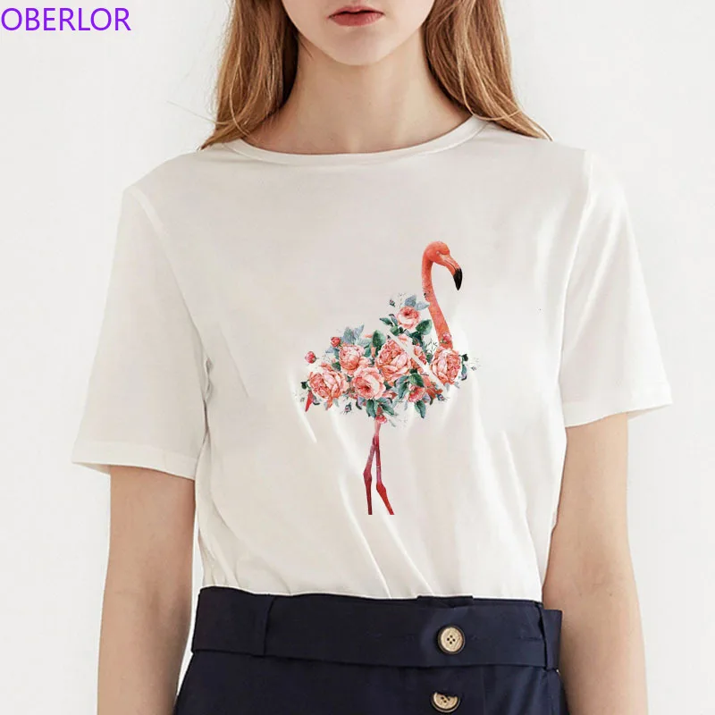 

2019 Beautiful Flower Flamingo Creative Design T Shirt Women Summer High Quality Cotton O-Neck Tops Hipster Printing T-Shirt