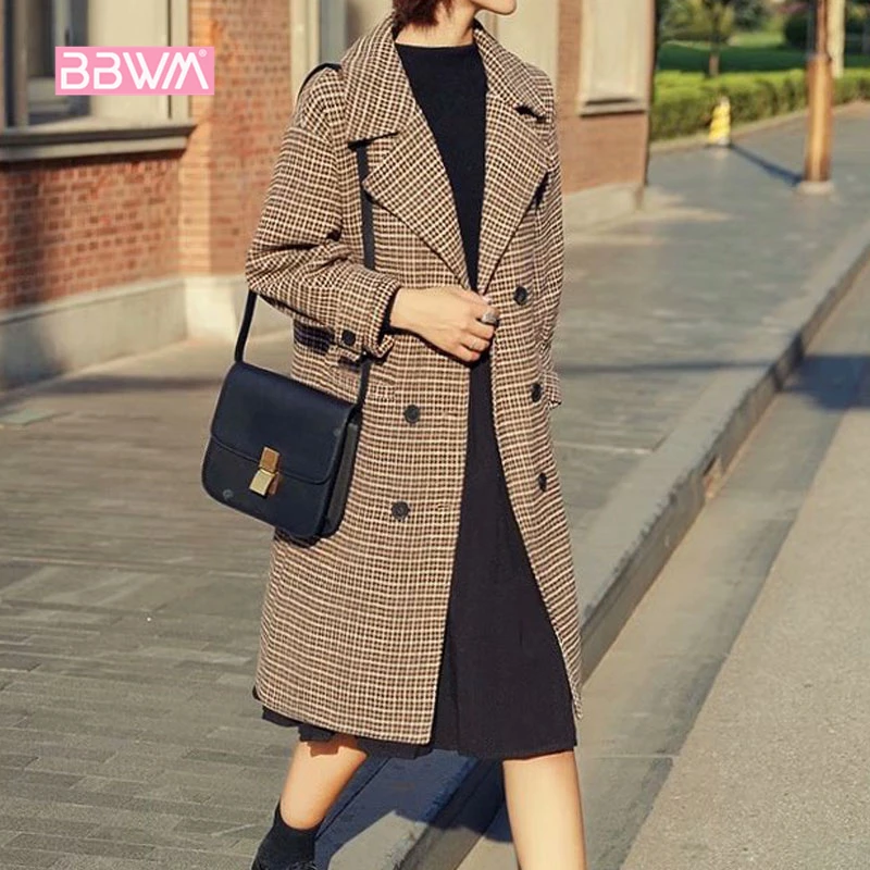 

Exquisite woolen coat female long section 2018 new popular plaid coat winter women's woolen coat Lapel jacket