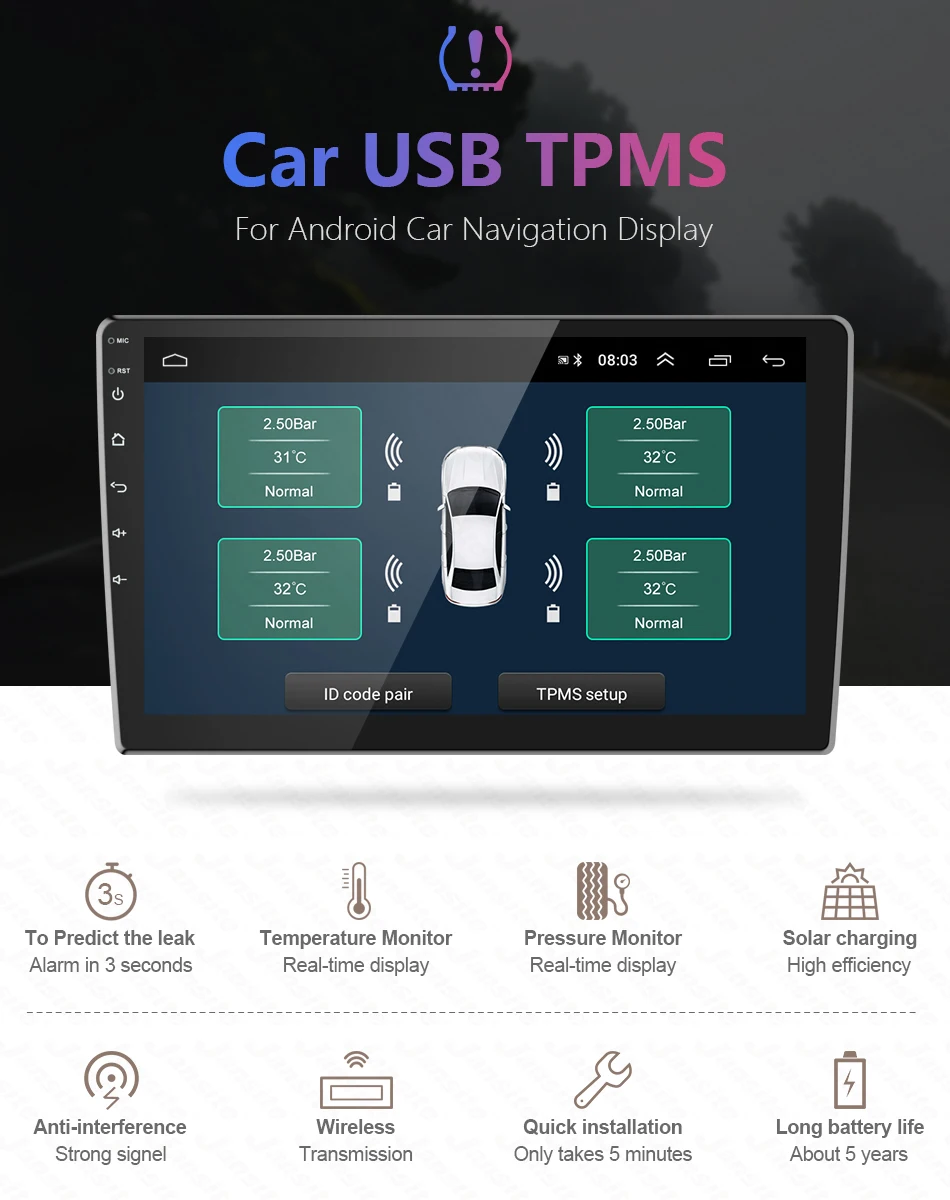 USB Android TPMS система мониторинга давления в шинах дисплей 5 в 4 внутренние датчики Android навигация автомобильное радио Лето/зима шины