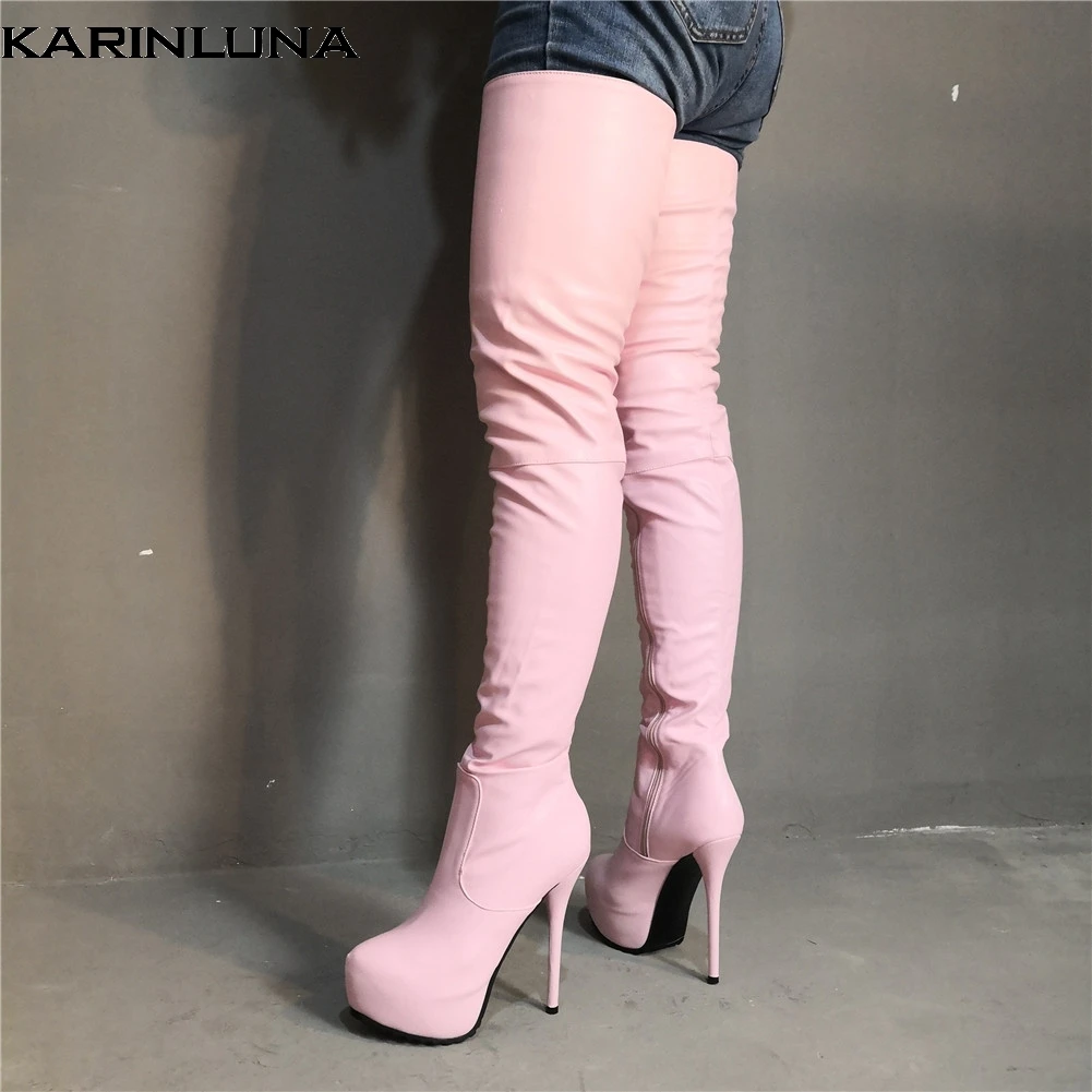 

Karinluna Brand Design Big Size 47 Platform Women Shoes Woman Sexy Pink Boots Thin High Heels Nightclub Over The Knee Boots