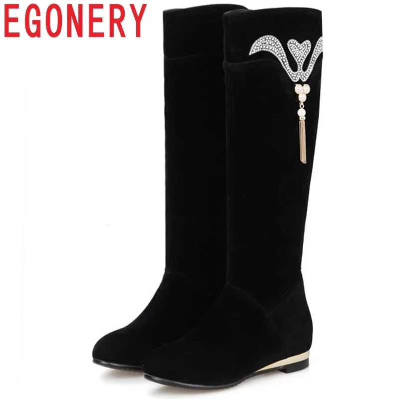 

EGONERY crystal fashion knee high boots 4cm modern casual fashion flock warm winter spring Russian girl woman long boots 33-40CN