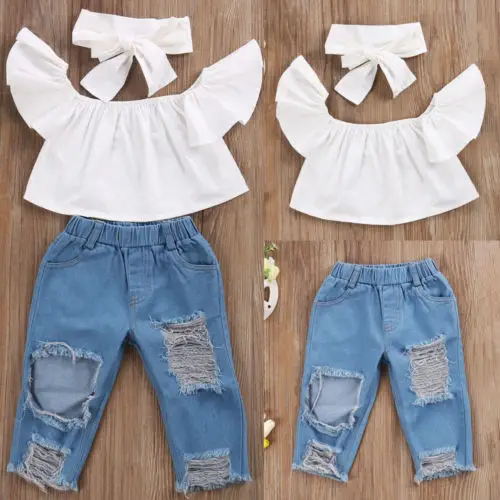Toddler kid girls clothing Off shoulder sleeve tops Vest ripped hole pants Outfits Baby girl clothes set kids clothing set girls clothing set