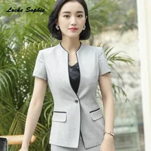 1pcs Women Plus size Blazers coats 2019 Summer cotton blend Short sleeve V-neck Small Suits jackets ladies Skinny Blazers Suits