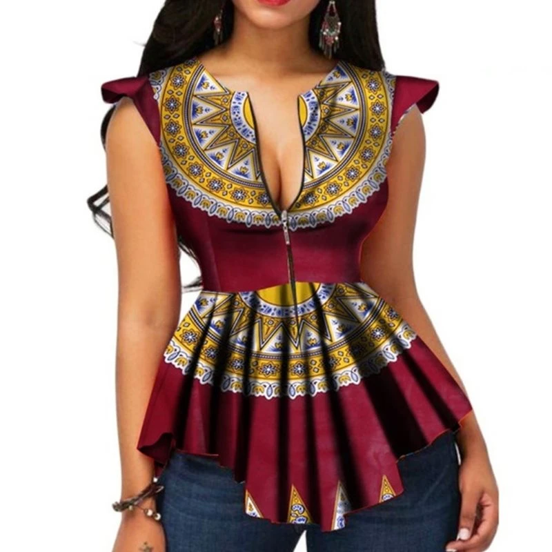 Verano Vintage étnico elegante rojo africano moda mujer blusas Casual negro estampado Retro 2019 de talla grande Chic volantes|Blusas camisas| -