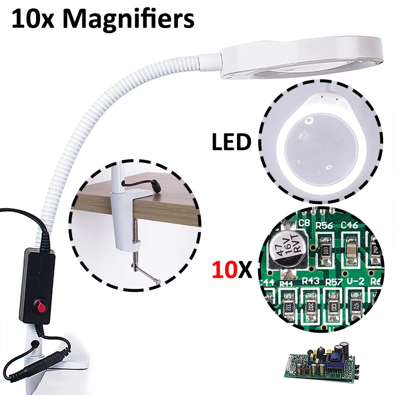  Use for Circuit Board Magnifier Clip-on Table Top Desk LED Lamp Reading 3x 5x 8x 10x Lens Magnifyin - 32858354758