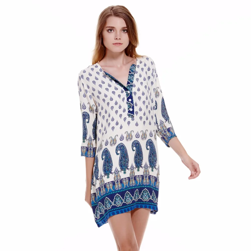 

Women Bohemian Floral Tribal Printed Dress Three Quarter Sleeve Vintage Dresses Fashion Casual Loose Dress Vestido Sundress