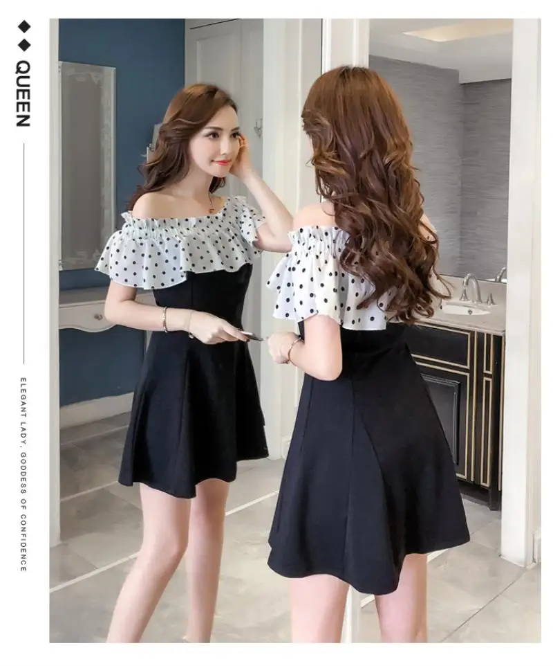 2018 New Arrivals  Summer  sexy dot dot shoulder stitching slim A short sleeved dress Free Shipping