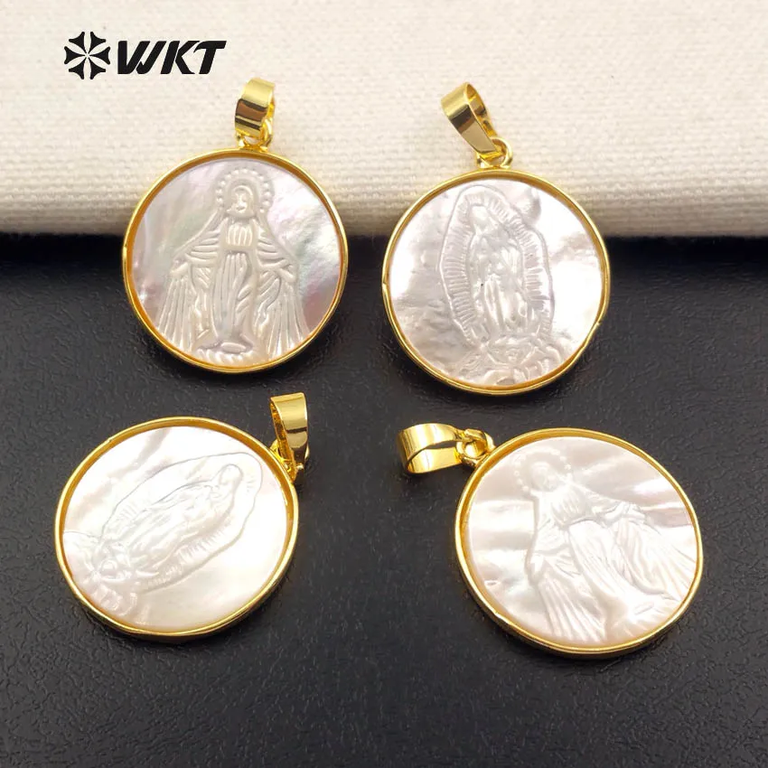 

WT-JP042 Religious Luck Token Natural White Shell Round Shape With Gold Trim Pendant For Dainty Necklace Jewelry