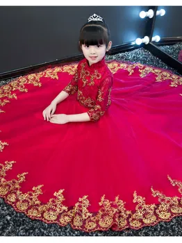 

New Chinese Traditional Style Children Girls Embroidery Lace Long Sleeves Dress Kids Birthday Wedding Evening New Year Dress