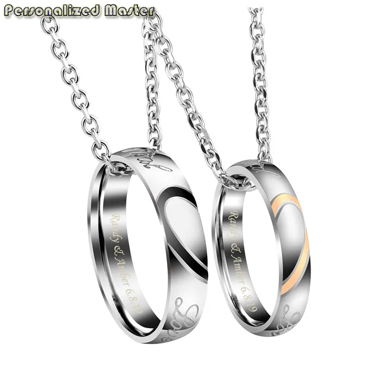 

Personalized Master Customized Couples Heart Match Set His Her Gift Rings Pendant Stainless Steel Chain Link for Valentine Lover