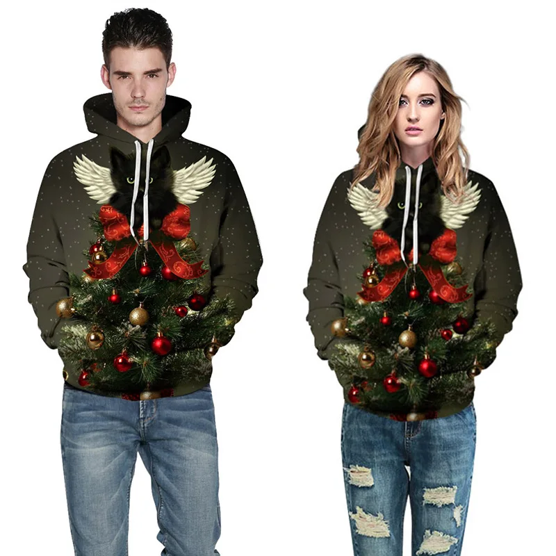 

RUNNING CHICK Christmas digital printing long-sleeved couples wear loose casual women's hoodie