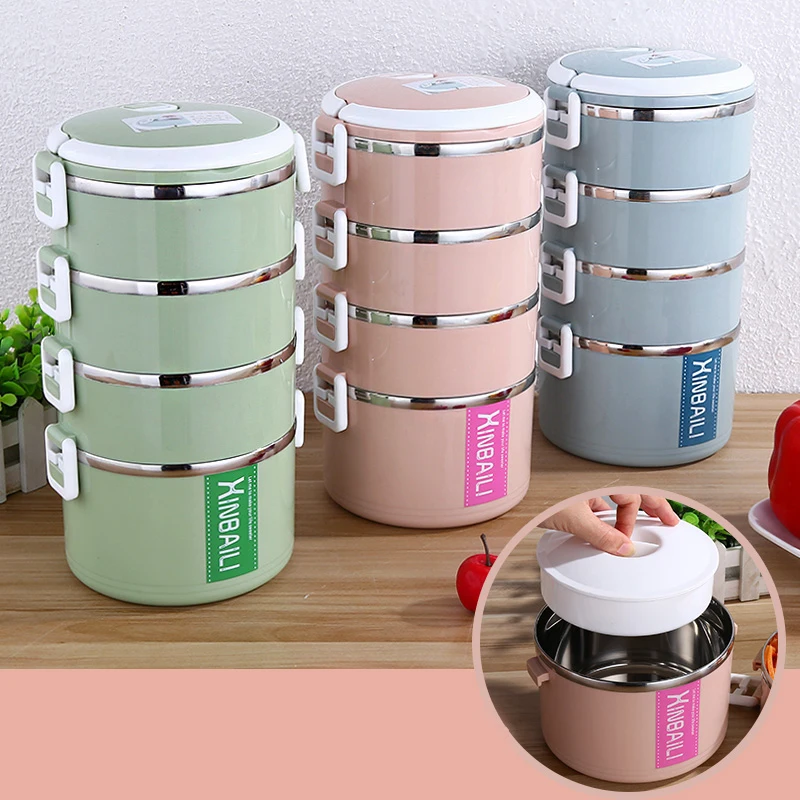 1-4 Layer Portable Stainless Steel Lunch Box Food Container Dinnerware Set Thermo Insulated Lunchbox Plastic Bento Box Leakproof