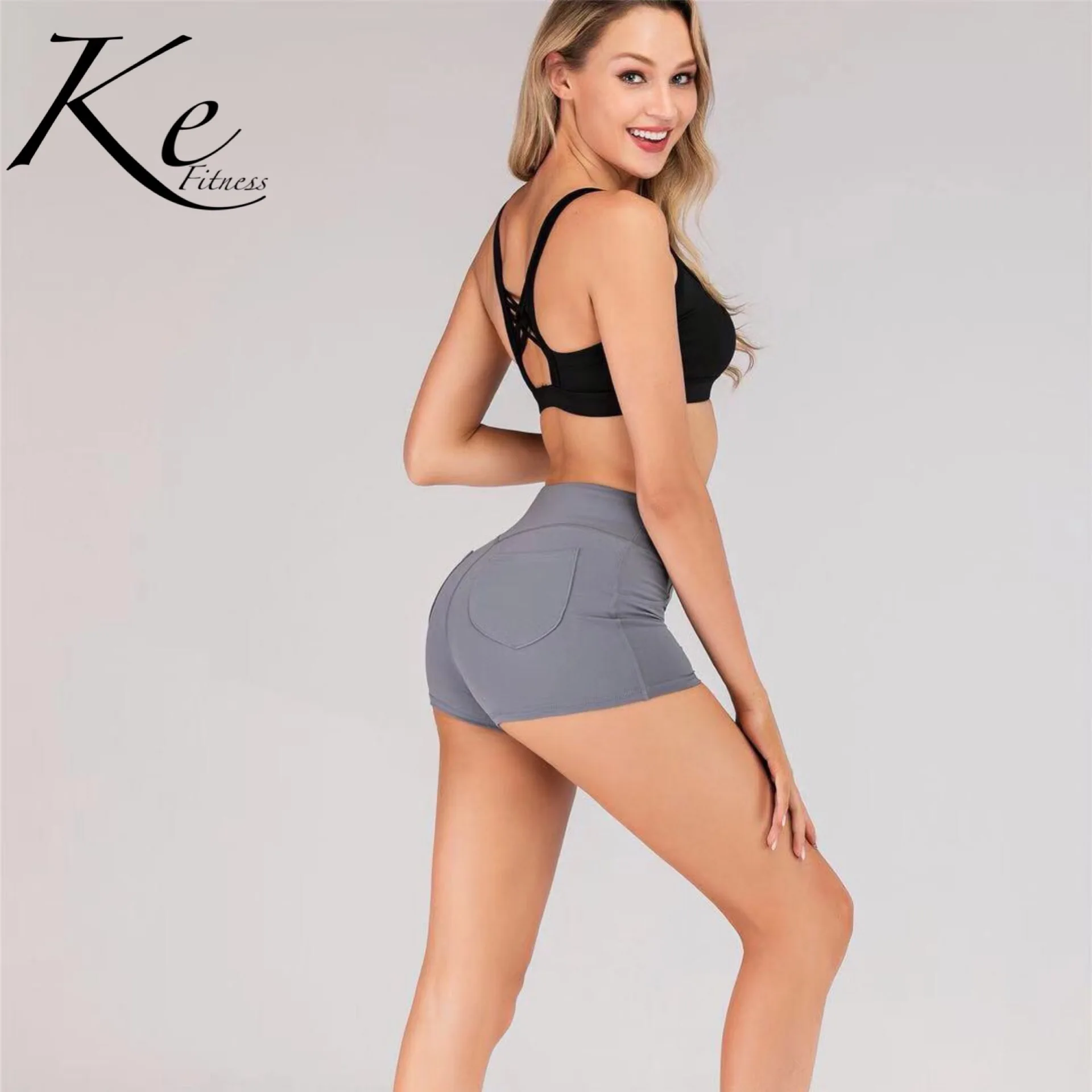 Ke honey peach hip shorts hip pocket fitness yoga shorts hot pants women tight elastic spinning bike hot pants