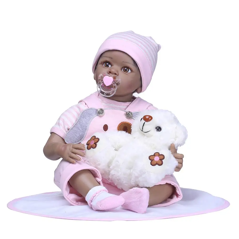 

New 55cm Reborn Baby Vinyl Silicone Doll with Black Skin Children Accompany Toy