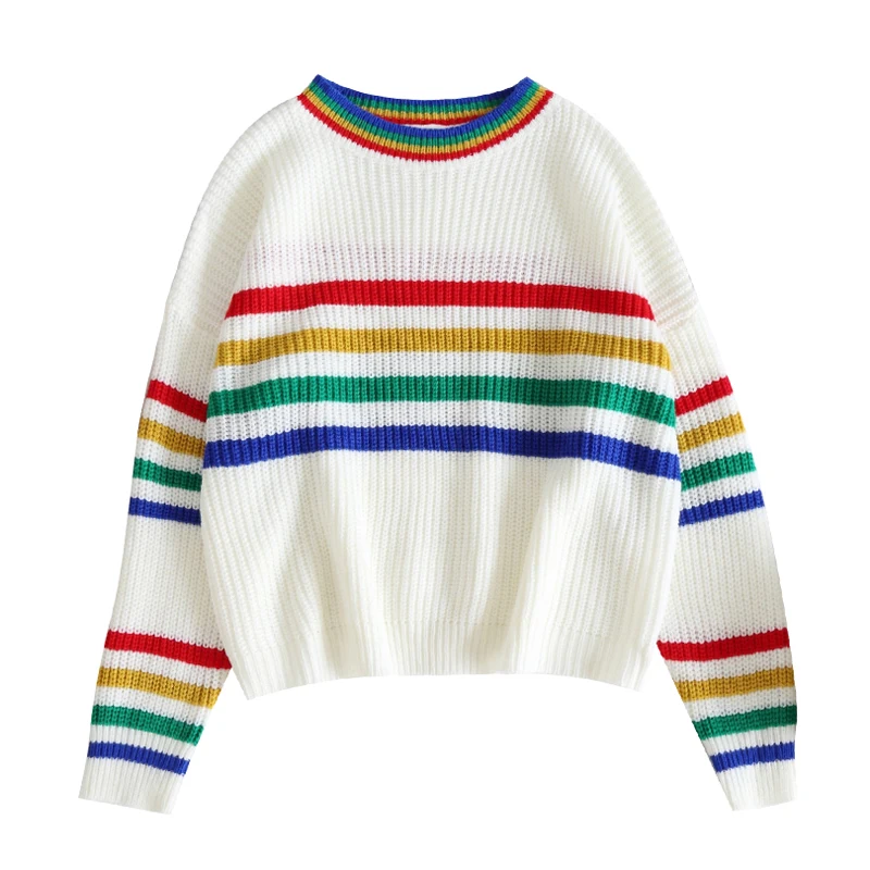 white sweater with rainbow stripe