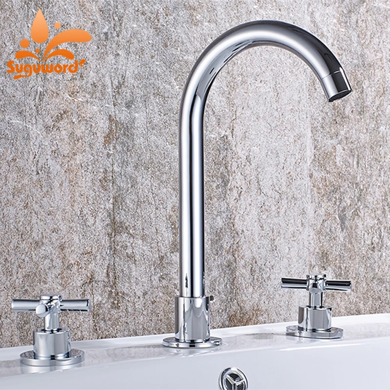 Suguword Chrome Basin Faucet Hot and Cold Switch Brass Material Dual Handle Three Hole Bathroom Mixer Tap | Обустройство дома