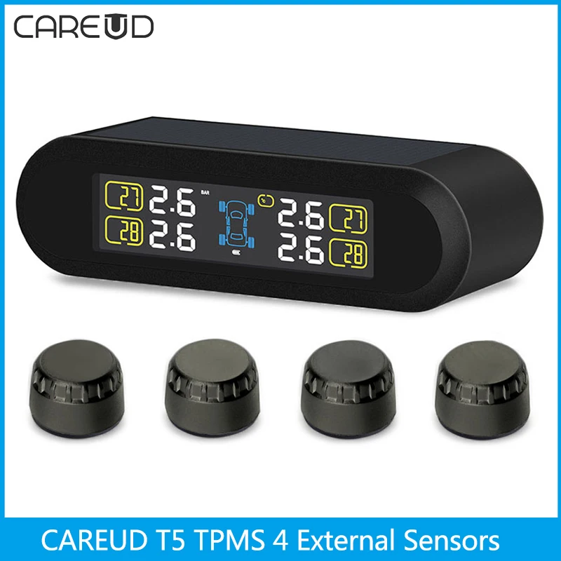 

CAREUD T5 Solar Auto Car TPMS Wireless Tire Pressure Temperature Monitoring Alarm System 4 External Sensors Indicator Tool Kit
