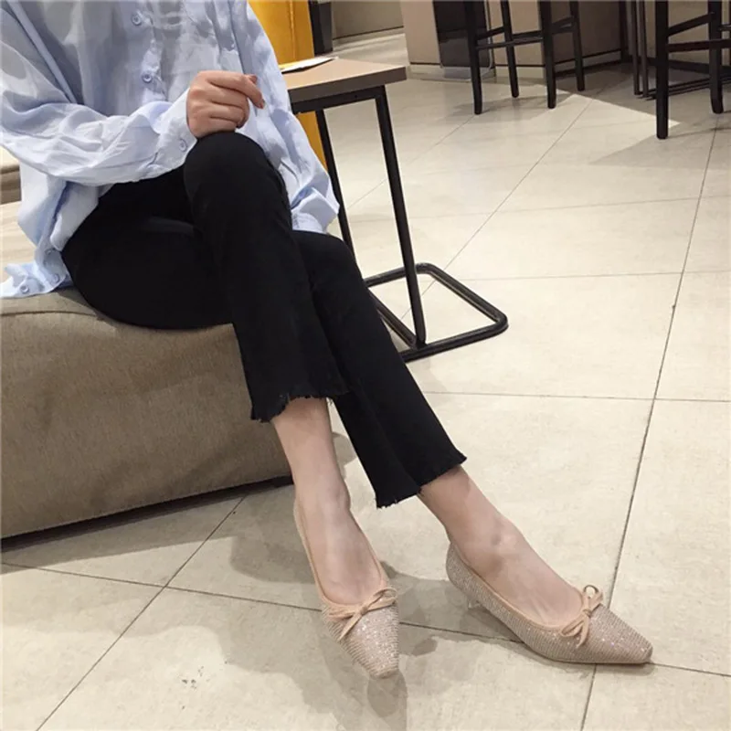 

2019 autumn new fashion simple solid color pointed toe high heels women bow decorative casual high heels