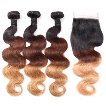 

Abijale Omber Body Wave Bundles With Closure T1B/4/27 color Brazilian Hair Bundles With Closure Human Hair Extensions Non-Remy
