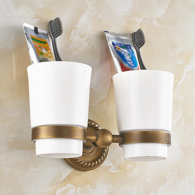 

European Copper Toothbrush Cup Holder Bathroom Cup Shelf Antique Double Cup Toothbrush Holder Bathroom Accessories