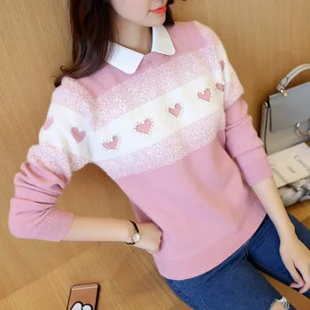 

50 fall fashion doll jacquard shirt collar love Beaded false two piece head sweater F1221