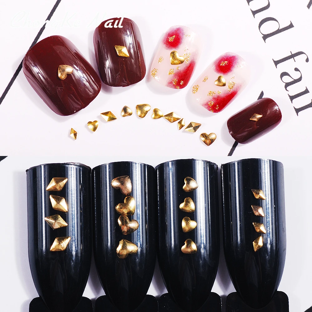 500pcs/Pack 3D Golden Glossy Rhombus Heart-shaped Rivet Nail Studs DIY Metal Thin slice Manicure Decoration Accessories | Красота и