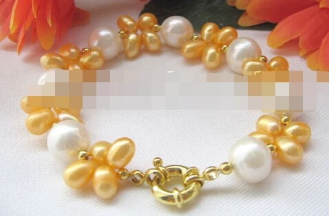 

Miss charm Jew.291 8" white and golden freshwater pearl bracelet