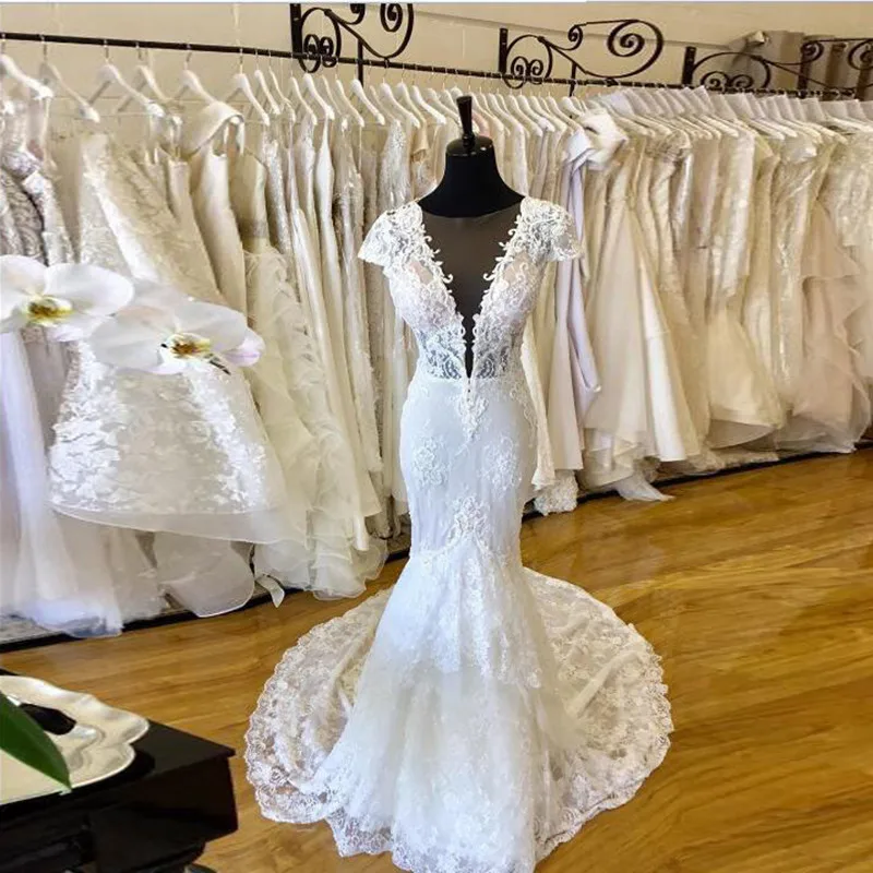 

Real Picture Fashion Vestido de noiva Short Sleeves Mermaid Wedding Formal Dresses V neck Open Back Lace Appliques Bridal Gowns