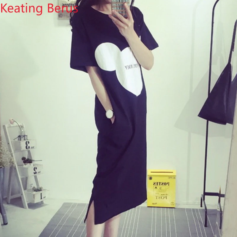 

Fashion Women's Short Sleeve Dress Mickey Mouse Cartoon Cute Women's Dress Black White Loose Plus Size Dress 1722