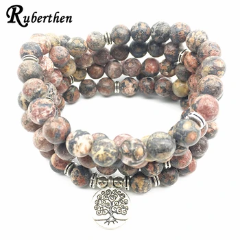 

Ruberthen Vintage Design Leopard Skin 108 Mala Bracelet Healing Wrist Tree of Life Jewelry Natural Stone Bracelet or Necklace
