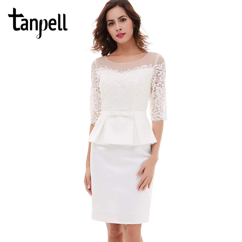 Tanpell ivory short cocktail dress half sleeves scoop knee length bow dress black lace sheath zipper up cocktail party dresses
