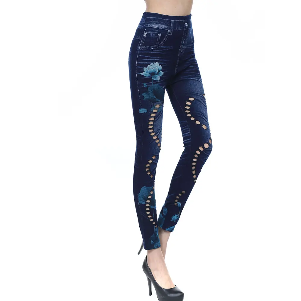 Fashion Slim Women Spring Summer Leggings Faux Denim Jeans Leggings Long Floral Printing Casual Pencil Pants Thin Fleece Inside white leggings Leggings