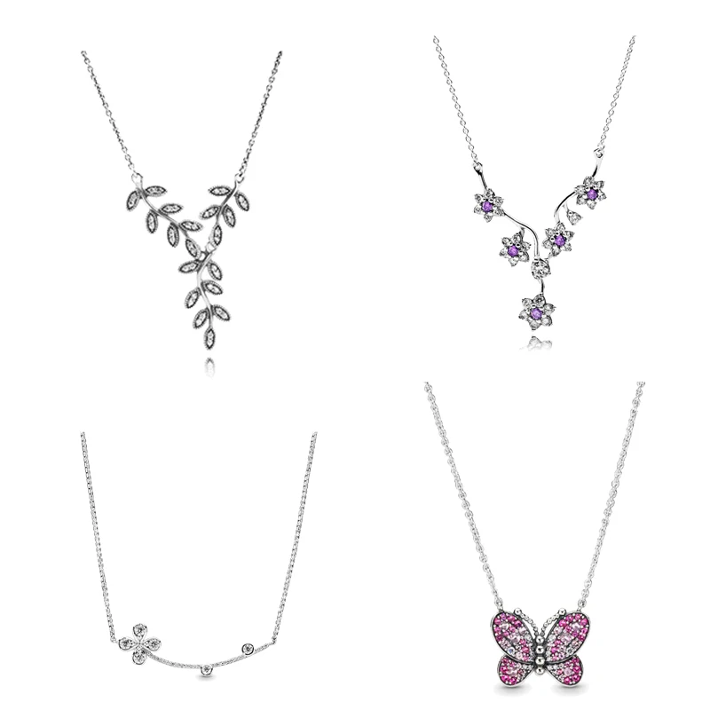 

925 Sterling Silver Pans Dazzling Butterfly Necklace Four-petal Flower Original For Women Fashion DIY Jewelry Birthday Gift