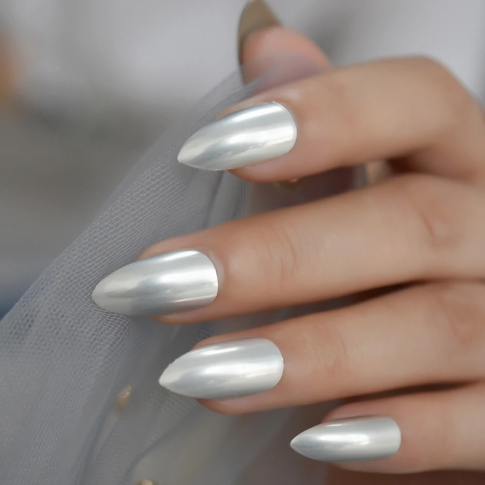 

Matte Silver Metallic Stilettos False Nail 24pcs Press on Fake Nail Tip Patch Extensions Artificial Nail Art Chip Accessories